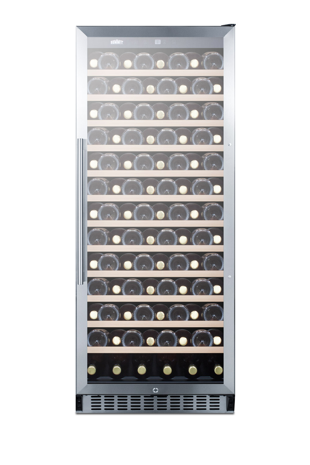 102 bottle single-zone commercial wine cellar designed for the display and refrigeration of beverages, with glass door, digital thermostat, and black cabinet
